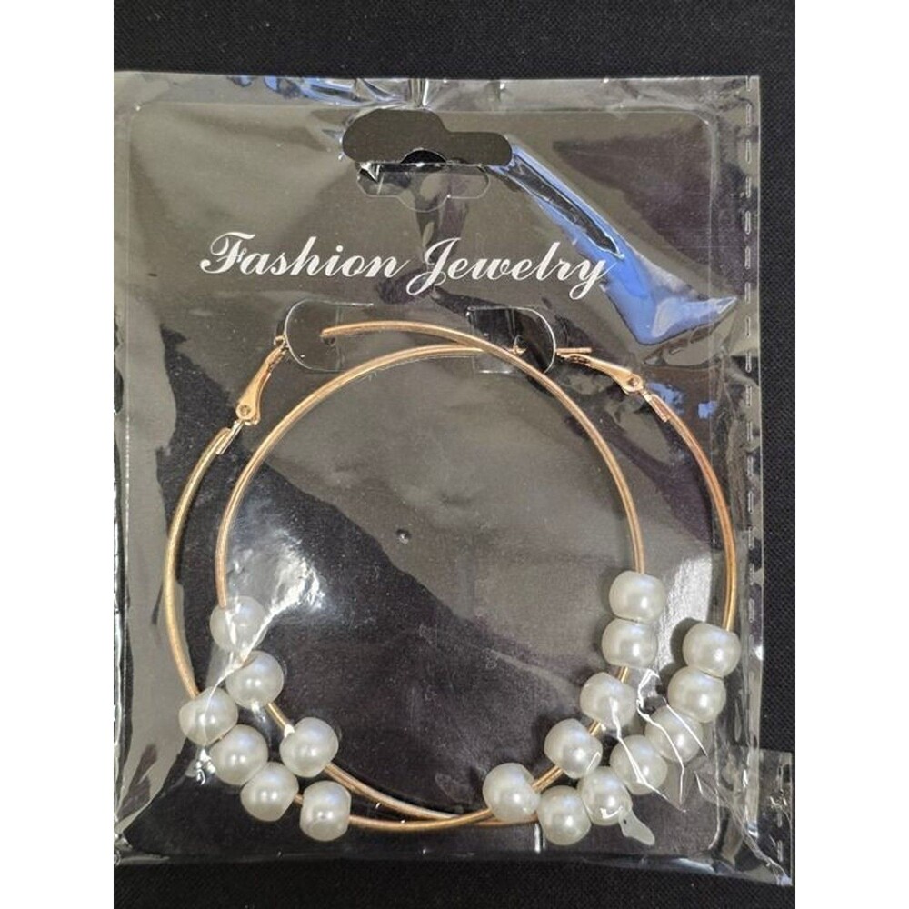 Gold Hoop Pearl Earrings Dangle Drop White Faux Pearl Fashion Jewelry New